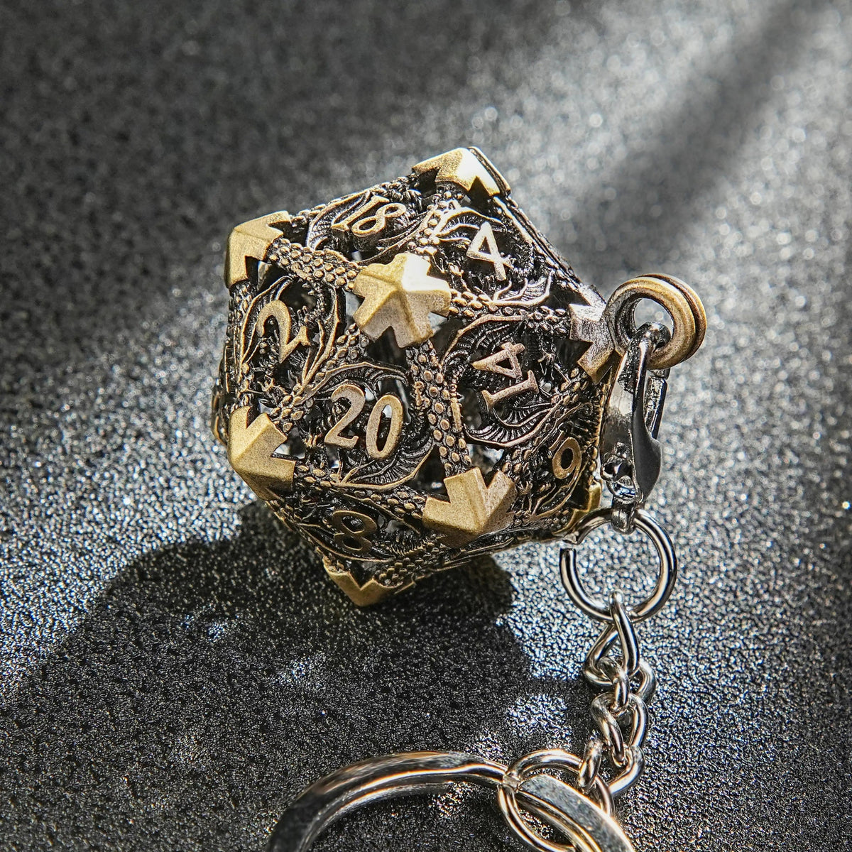 Necklace Keychain D20 Dice Set – Bronze Metal Hollow D20 Dice Cage Necklace + DND Mini Metal Dice Set