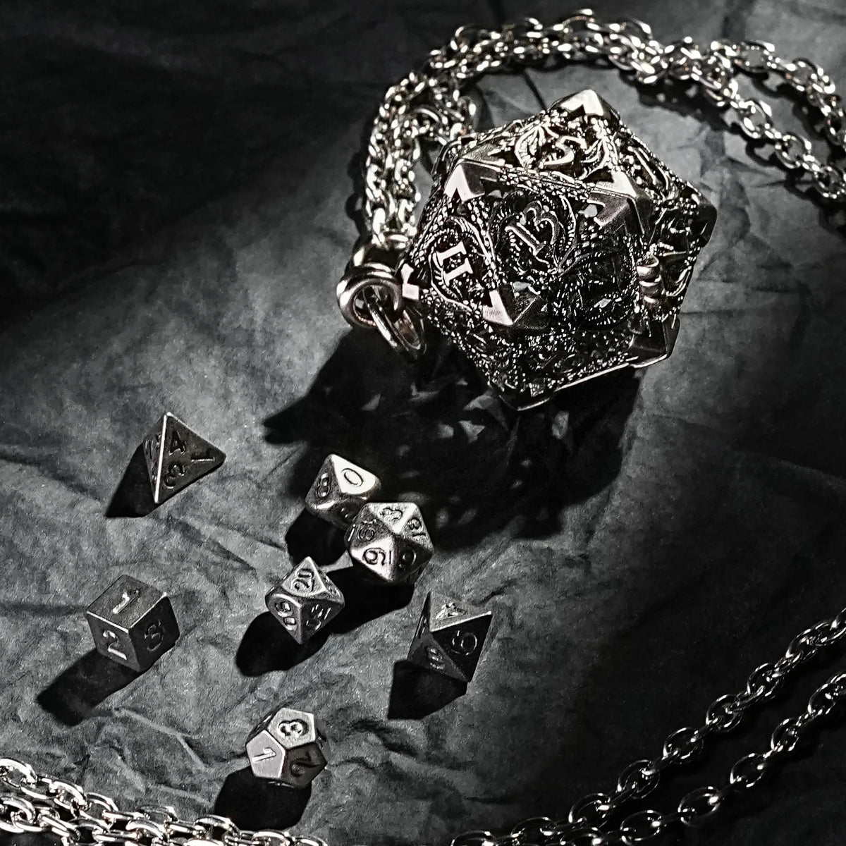 Necklace Keychain D20 Dice Set – Nickel Metal Hollow D20 Dragon Dice Cage Necklace + Nickel DND Mini Metal Dice Set
