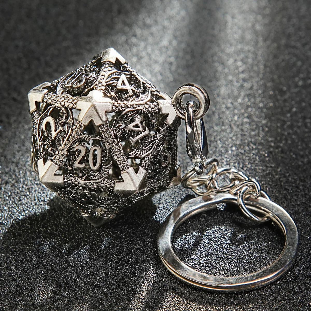 Necklace Keychain D20 Dice Set – Nickel Metal Hollow D20 Dragon Dice Cage Keychain