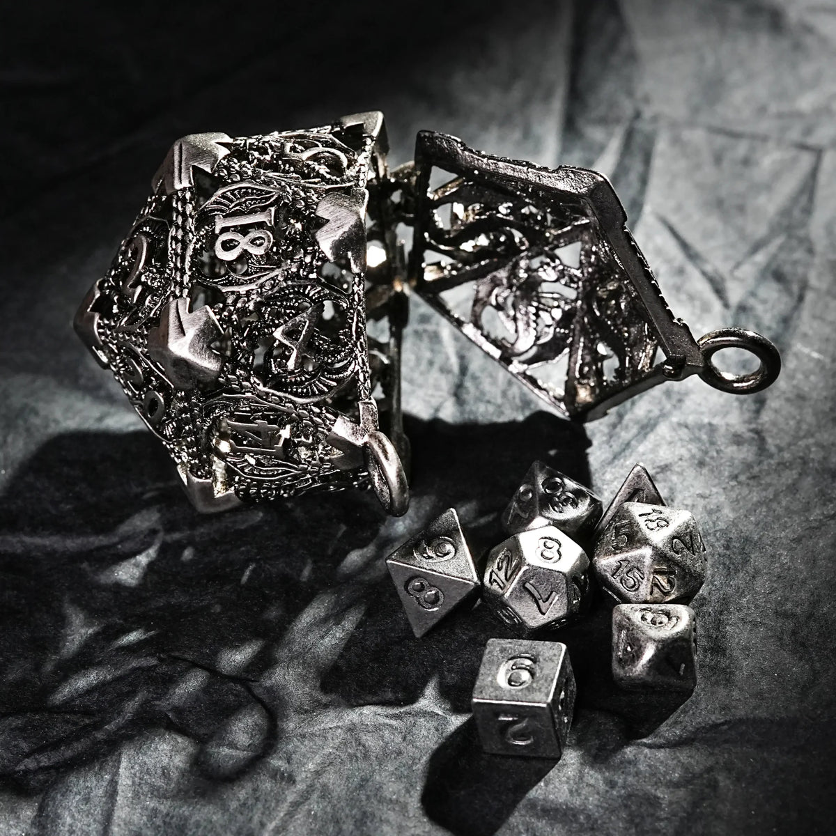 Necklace Keychain D20 Dice Set – Nickel Metal Hollow D20 Dragon Dice Cage Keychain + Nickel DND Mini Metal Dice Set