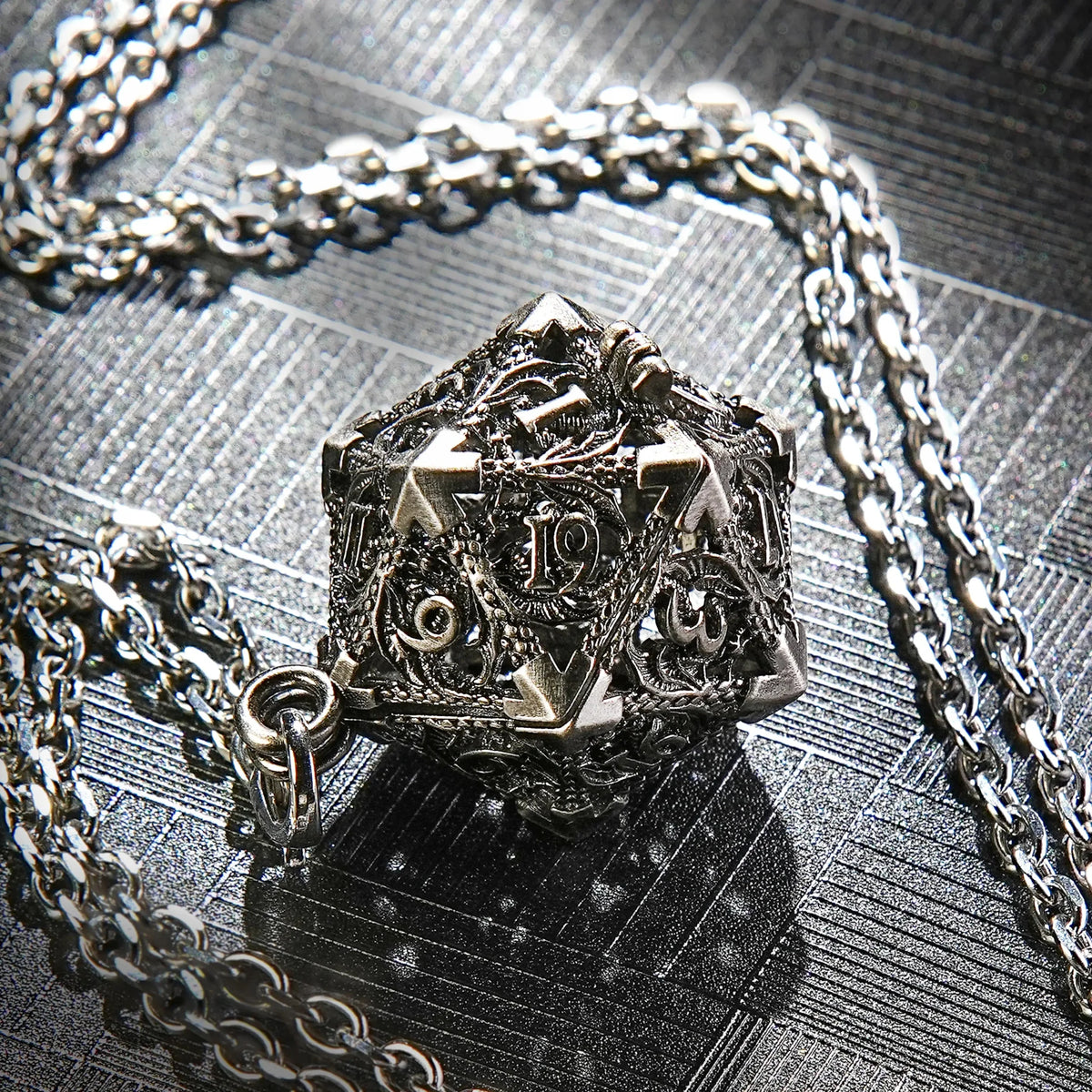 Necklace Keychain D20 Dice Set – Nickel Metal Hollow D20 Dragon Dice Cage Necklace + DND Mini Metal Dice Set
