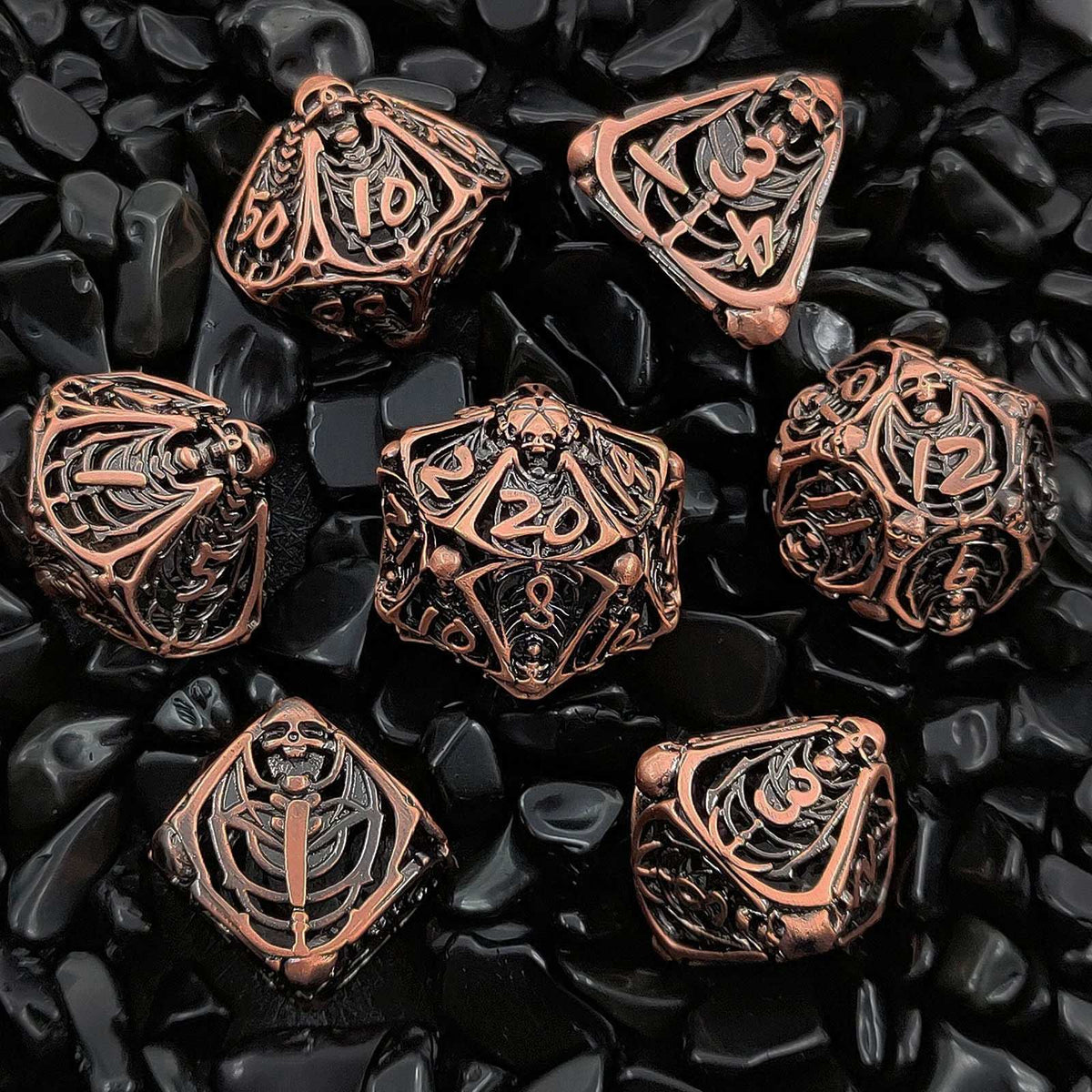 Necromancer Bronze Metal DND Dice Set – Necromancer Dice: Copper Metal Hollow Skull DND Dice Set