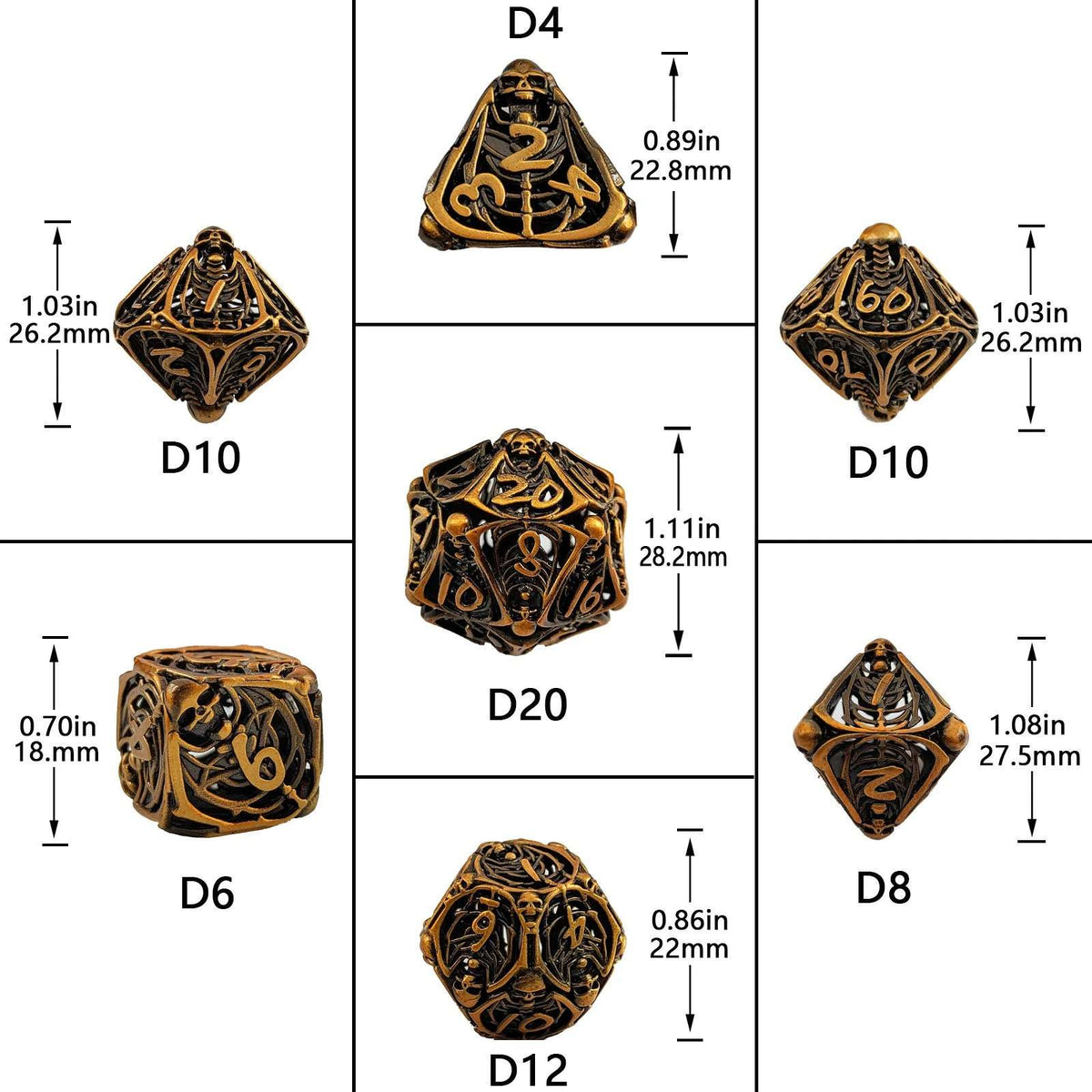 Necromancer Bronze Metal DND Dice Set – DND Necromancer Metal Skeleton Dice Set Dimensions: D4≈22.8mm; D6≈16mm