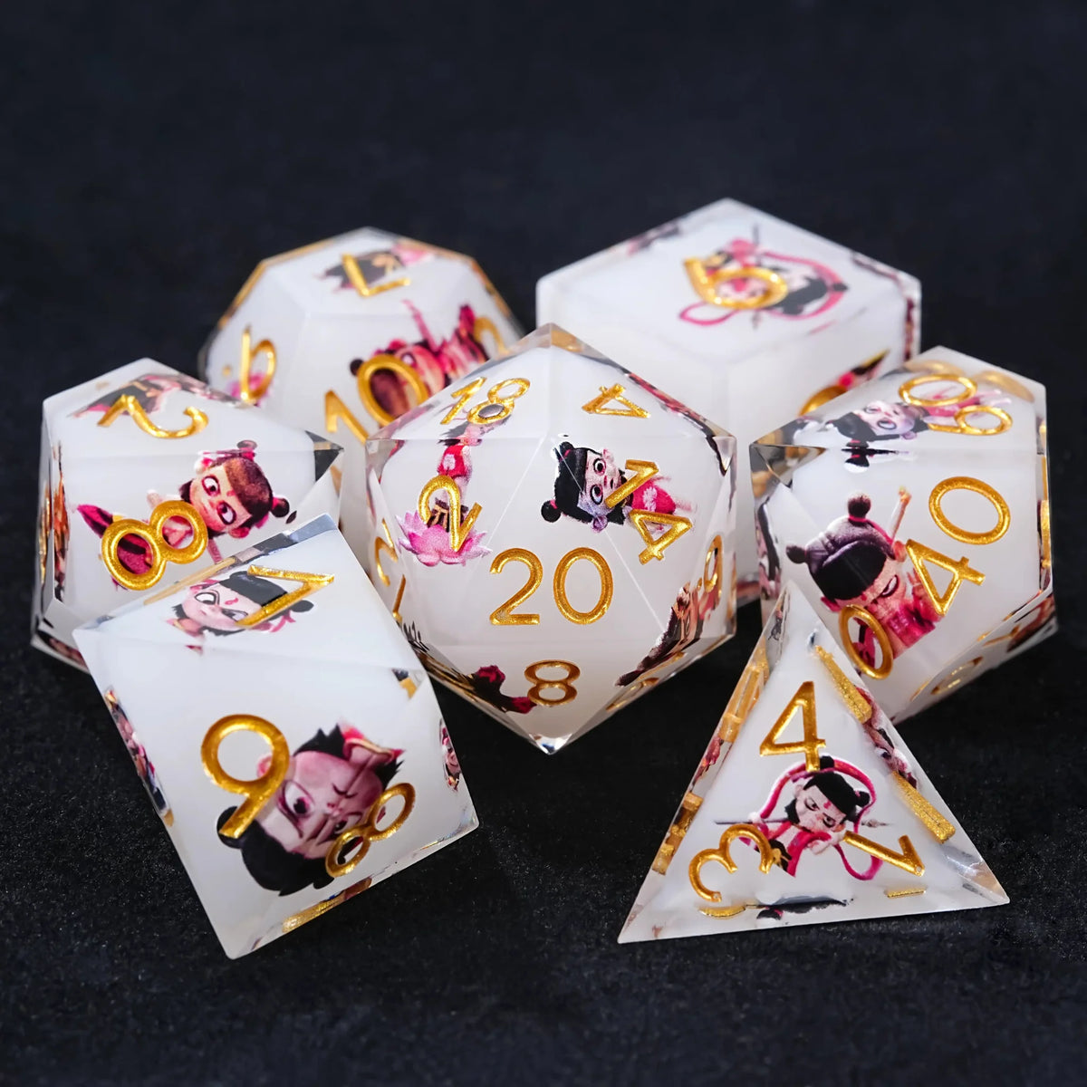 Nezha Themed Resin RPG Dice Set – Gold Numbers – Nezha-themed white resin DND dice set, gold numbers