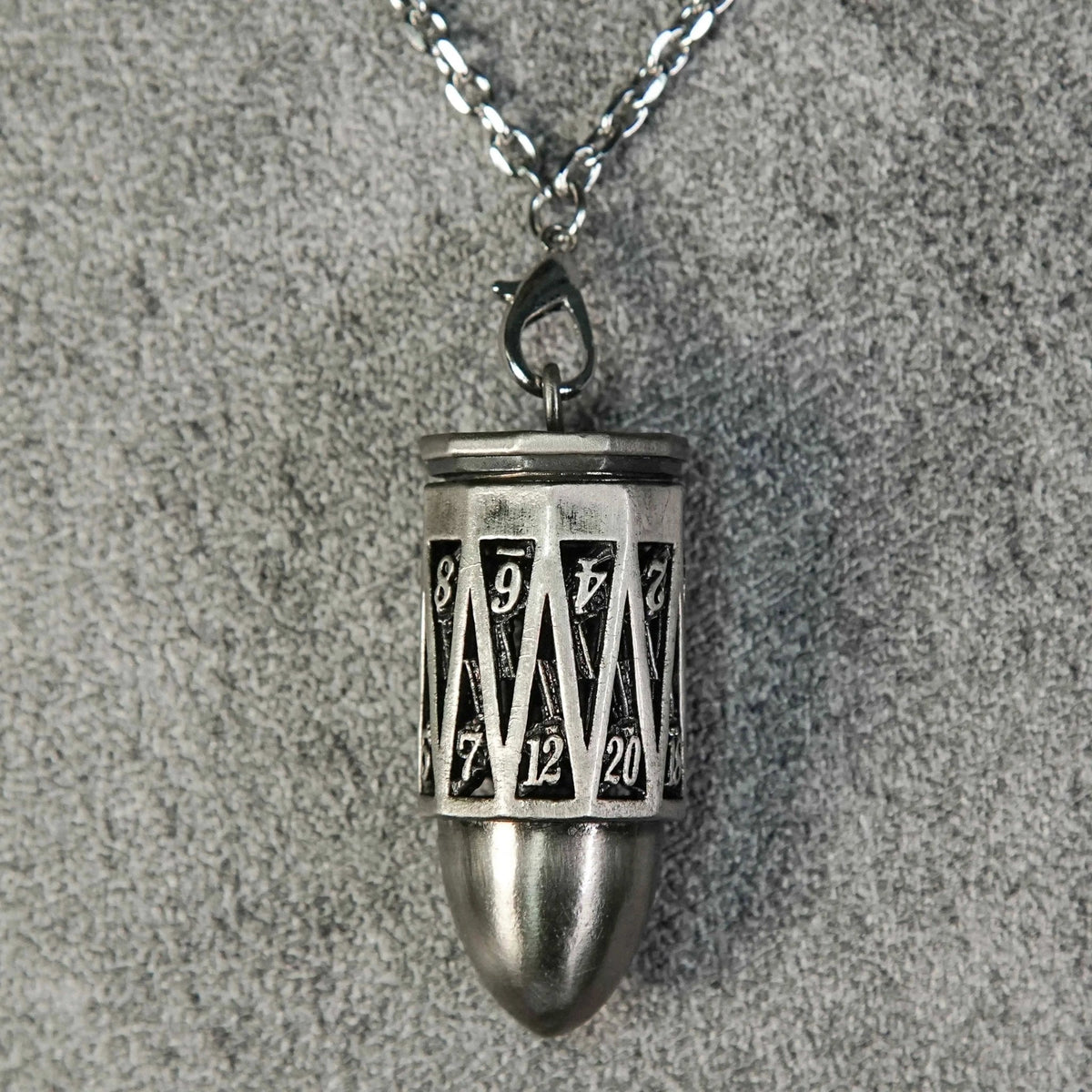 Nickel Cage Metal Bullet Dice Set – Antique Nickel Bullet Hollow Metal D20 Dice Cage Necklace + 7 Mini Metal Dice Set