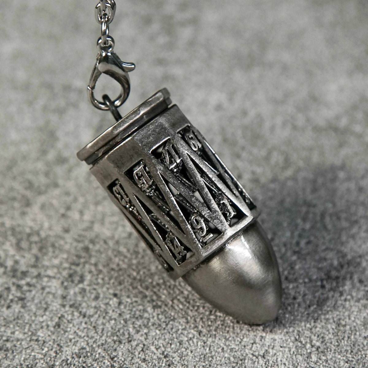 Nickel Cage Metal Bullet Dice Set – Antique Nickel Bullet Hollow Metal D20 Dice Cage Necklace + 7 Mini Metal Dice Set