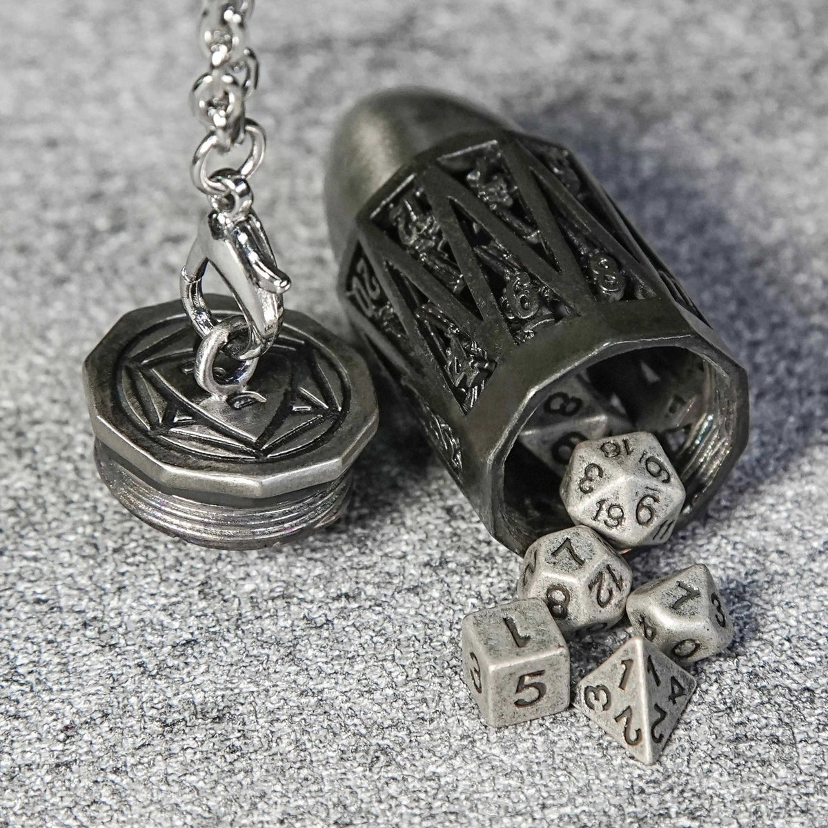 Nickel Cage Metal Bullet Dice Set – Antique Nickel Bullet Hollow Metal D20 Dice Cage Necklace + 7 Mini Metal Dice Set