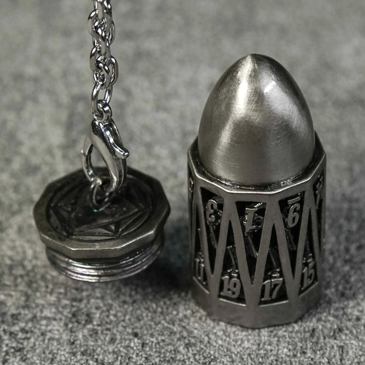 Nickel Cage Metal Bullet Dice Set – Antique Nickel Bullet Hollow Metal D20 Dice Cage Necklace + 7 Mini Metal Dice Set