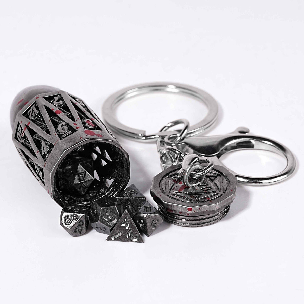 Nickel Cage Metal Bullet Dice Set – Antique Nickel Bullet Hollow Metal D20 Dice Cage Necklace + 7 Mini Metal Dice Set