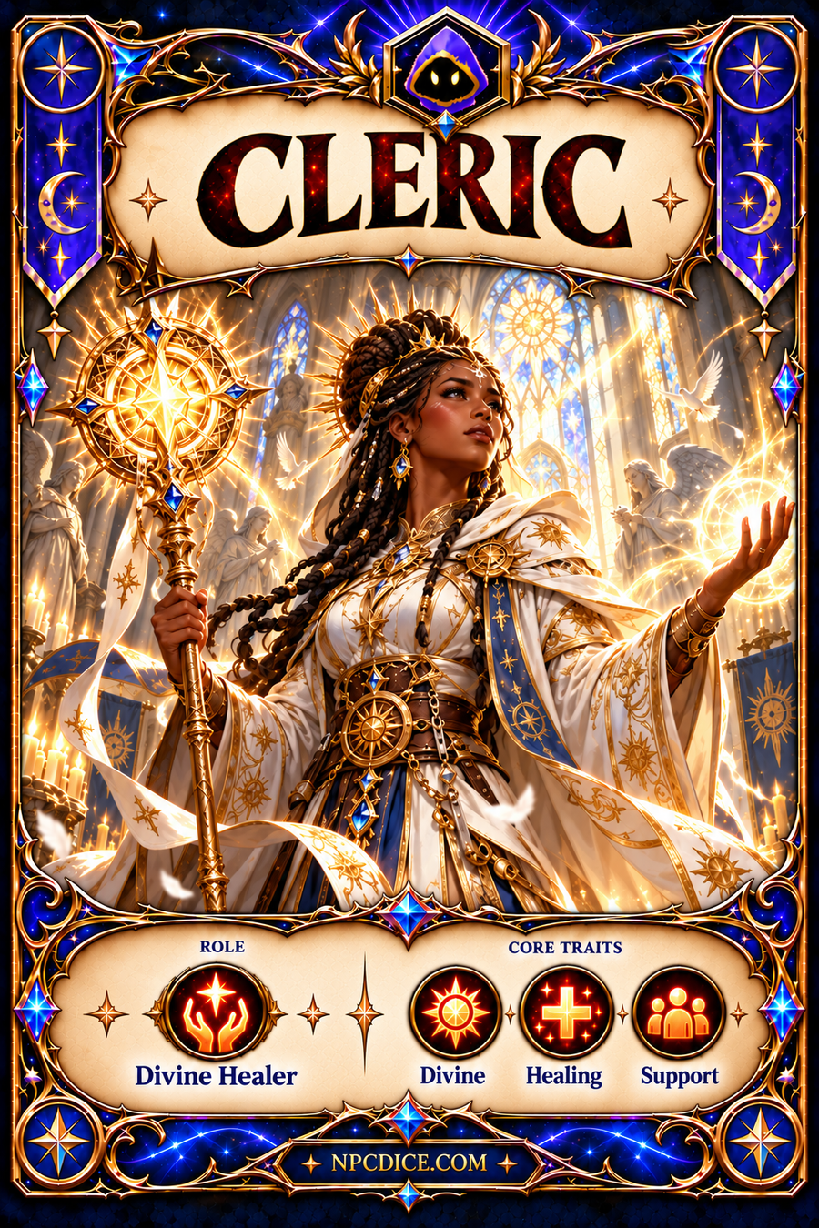 NPCDICE cleric female character card