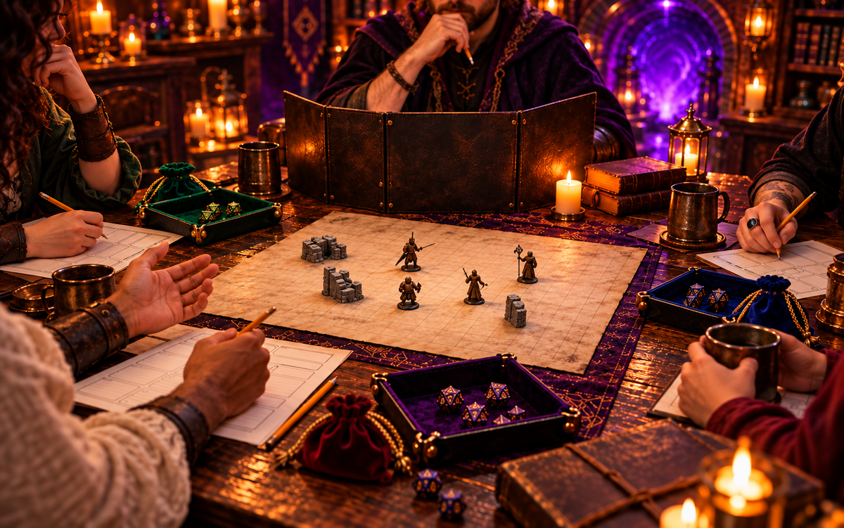 Fantasy tabletop roleplaying session with map, miniatures, dice and game master