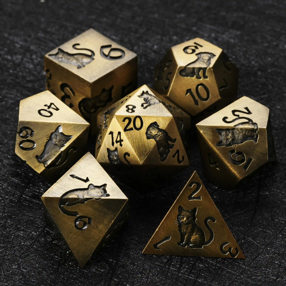 Star Metal DND Dice Set – Animal Allies – Gold metal polyhedral DND dice set animal ally design