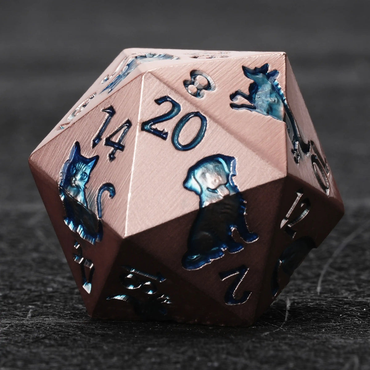 Star Metal DND Dice Set – Animal Allies – Rose gold metal D20 animal ally dice with blue dragon design by