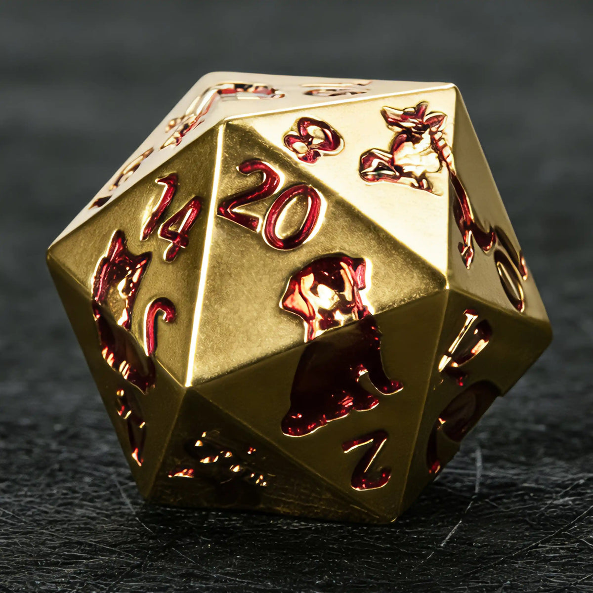 Star Metal DND Dice Set – Animal Allies – Red gold metal animal themed DND dice set collectible