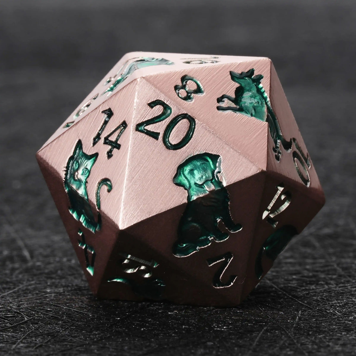 Rose gold animal-engraved metal D20 from NPCDICE