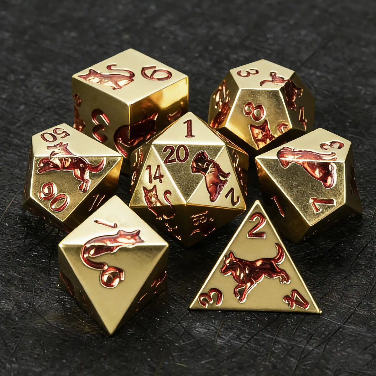 Star Metal DND Dice Set – Animal Allies – Red gold animal ally metal dice set Kickstarter edition