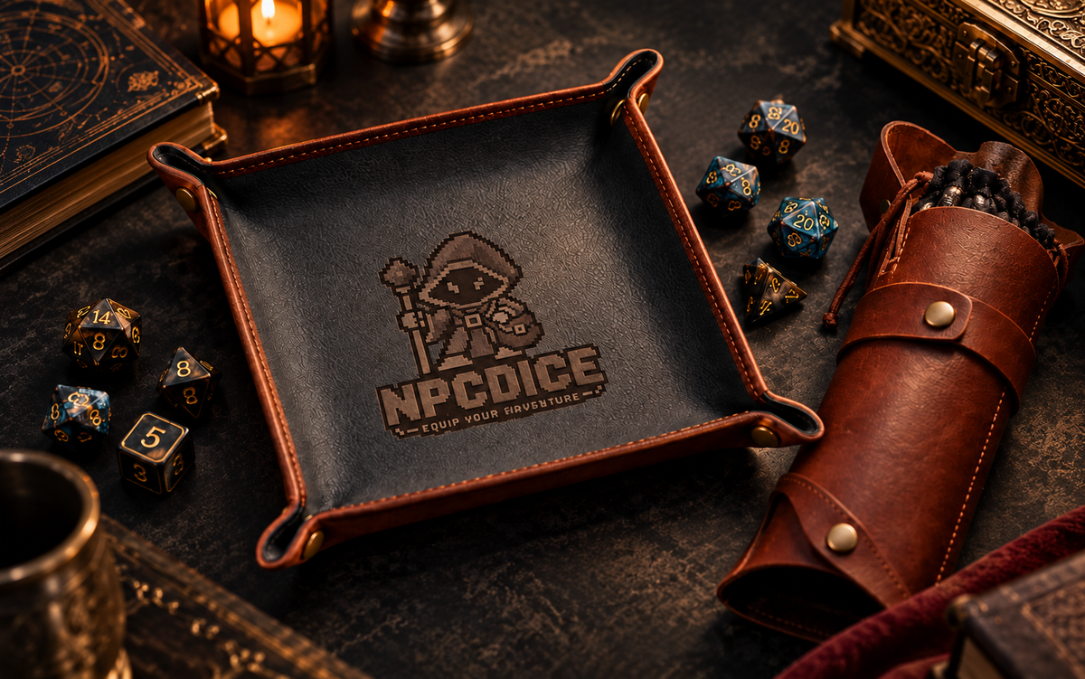 NPCDICE tabletop gear with leather dice tray, dice bag and polyhedral dice
