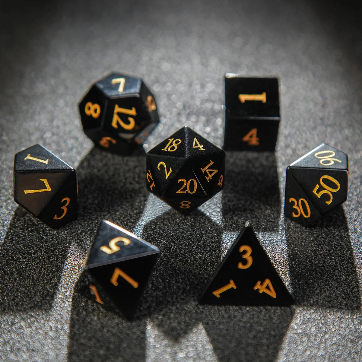 Obsidian Digital Natural Stone D&D Dice Set – Gold Numbers – Obsidian DND Natural Gemstone Dice Set + Engraved Gold