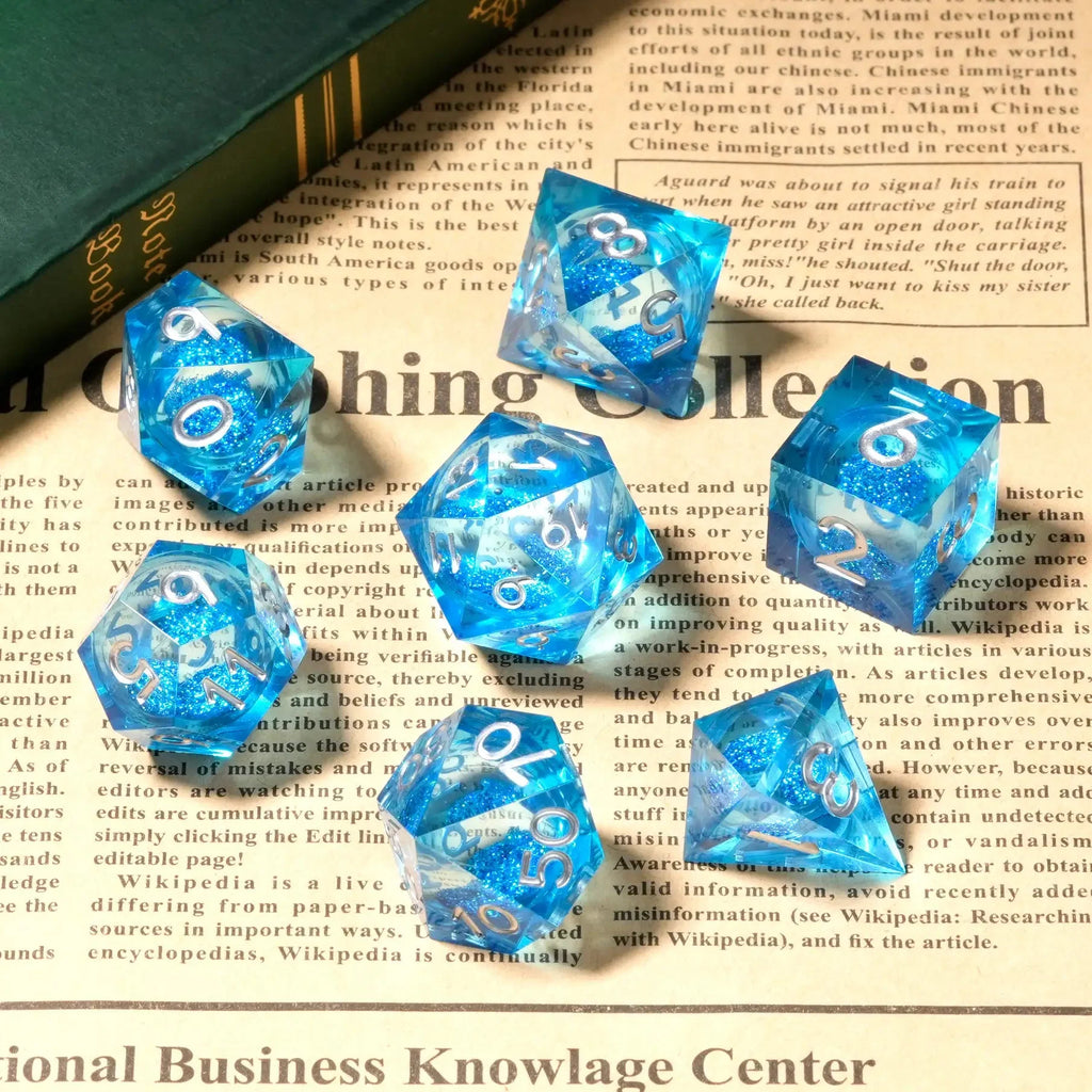 Ocean Liquid Core Dice Set – Ocean Theme - Liquid Core Resin DND Dice Set + Silver Font