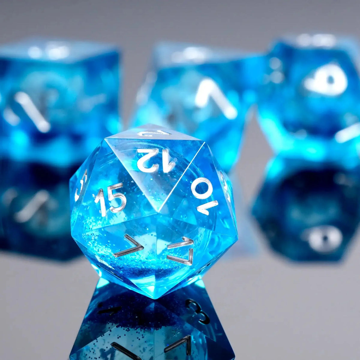 Ocean Liquid Core Dice Set – Ocean Theme - Liquid Core Resin DND Dice Set + Silver Font