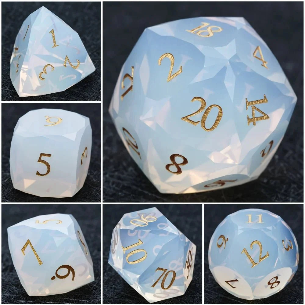 Opalite Gemstone DND Dice Set – DND Dice | Diamond - Cut Opalite Glass Gemstone Dice Set