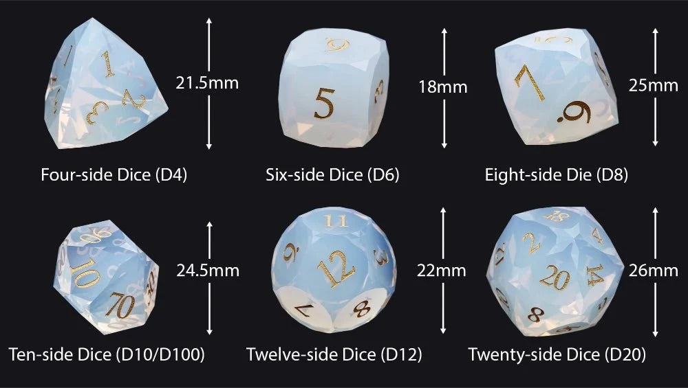 Opalite Gemstone DND Dice Set – DND Dice | Diamond - Cut Opalite Glass Gemstone Dice Set