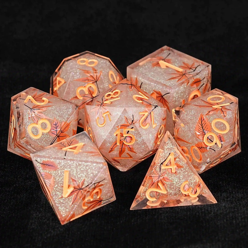 Orange Maple Resin DND Dice Set – Glitter – Maple Leaf Glitter Resin DND Dice Set + Orange Number