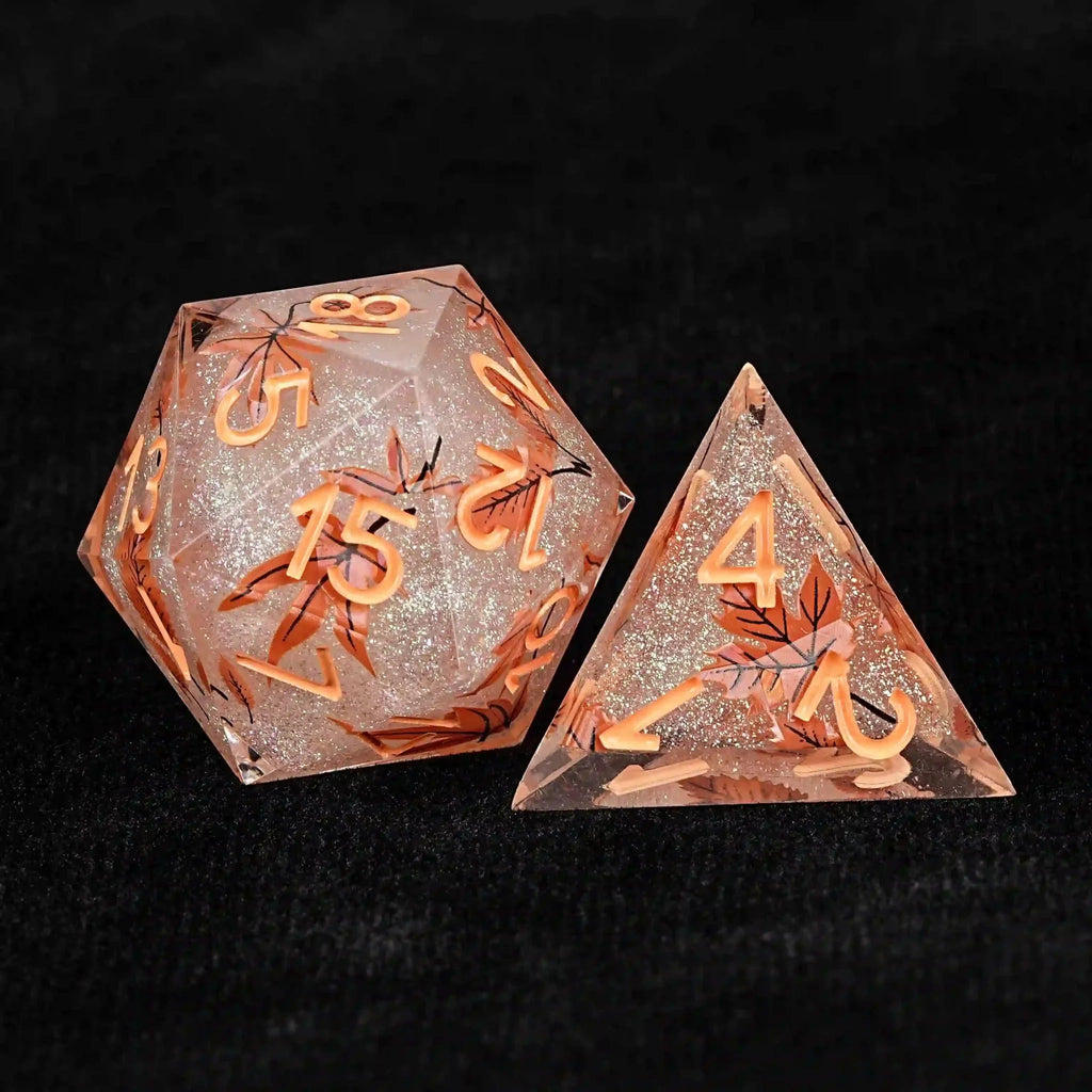 Orange Maple Resin DND Dice Set – Glitter – Maple Leaf Glitter Resin DND Dice Set + Orange Number