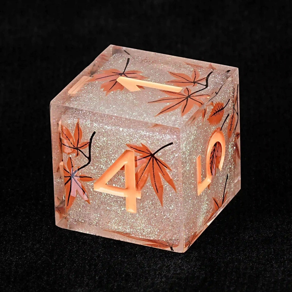 Orange Maple Resin DND Dice Set – Glitter – Maple Leaf Glitter Resin DND Dice Set + Orange Number