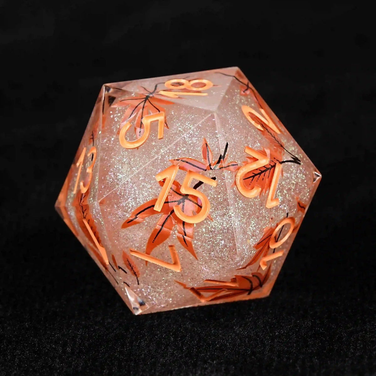 Orange Maple Resin DND Dice Set – Glitter – Maple Leaf Glitter Resin DND Dice Set + Orange Number
