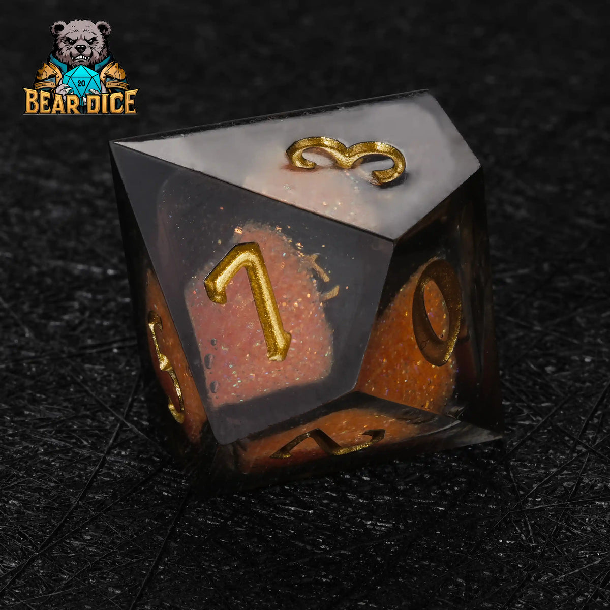 Orange Quicksand Resin D10 Dice – Gold Numbers – Geometric D10 dice in translucent orange resin with golden numerals