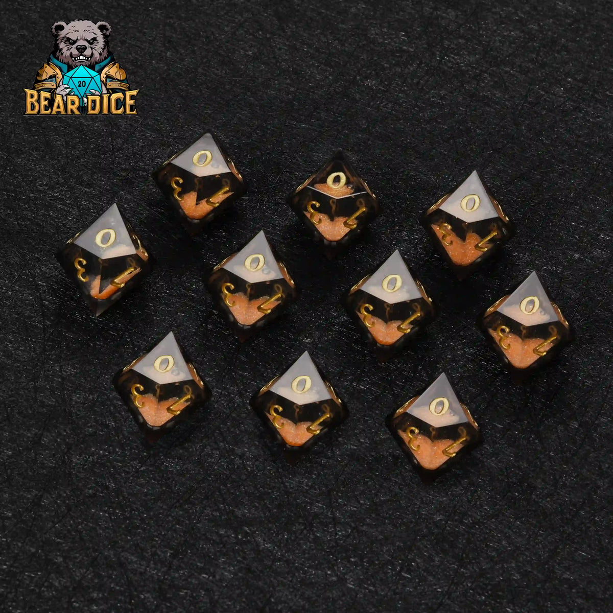 Orange Quicksand Resin D10 Dice – Gold Numbers – Premium D10 dice set featuring liquid-core resin and dynamic orange