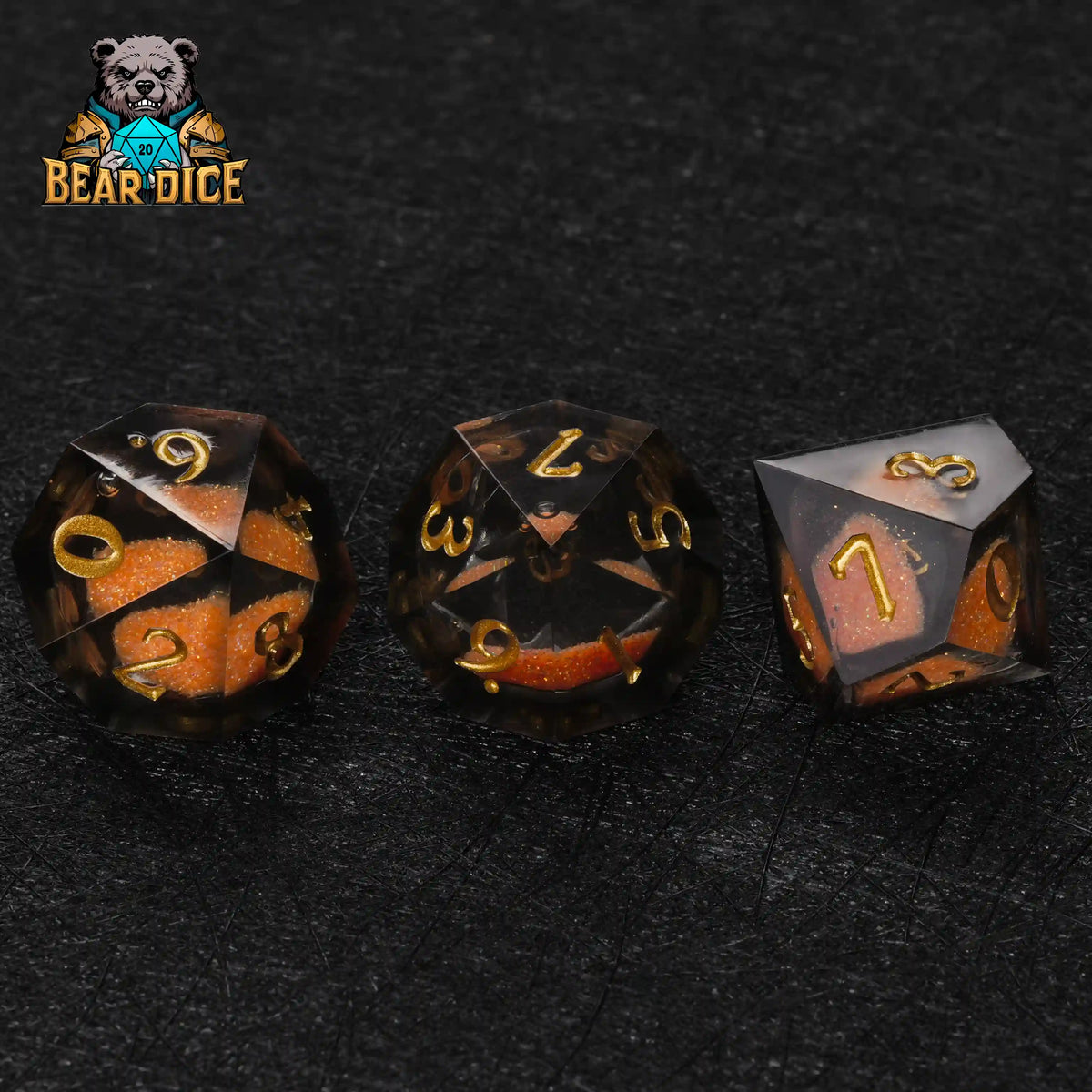 Orange Quicksand Resin D10 Dice – Gold Numbers – Orange Quicksand D10 resin dice set with shimmering liquid effect