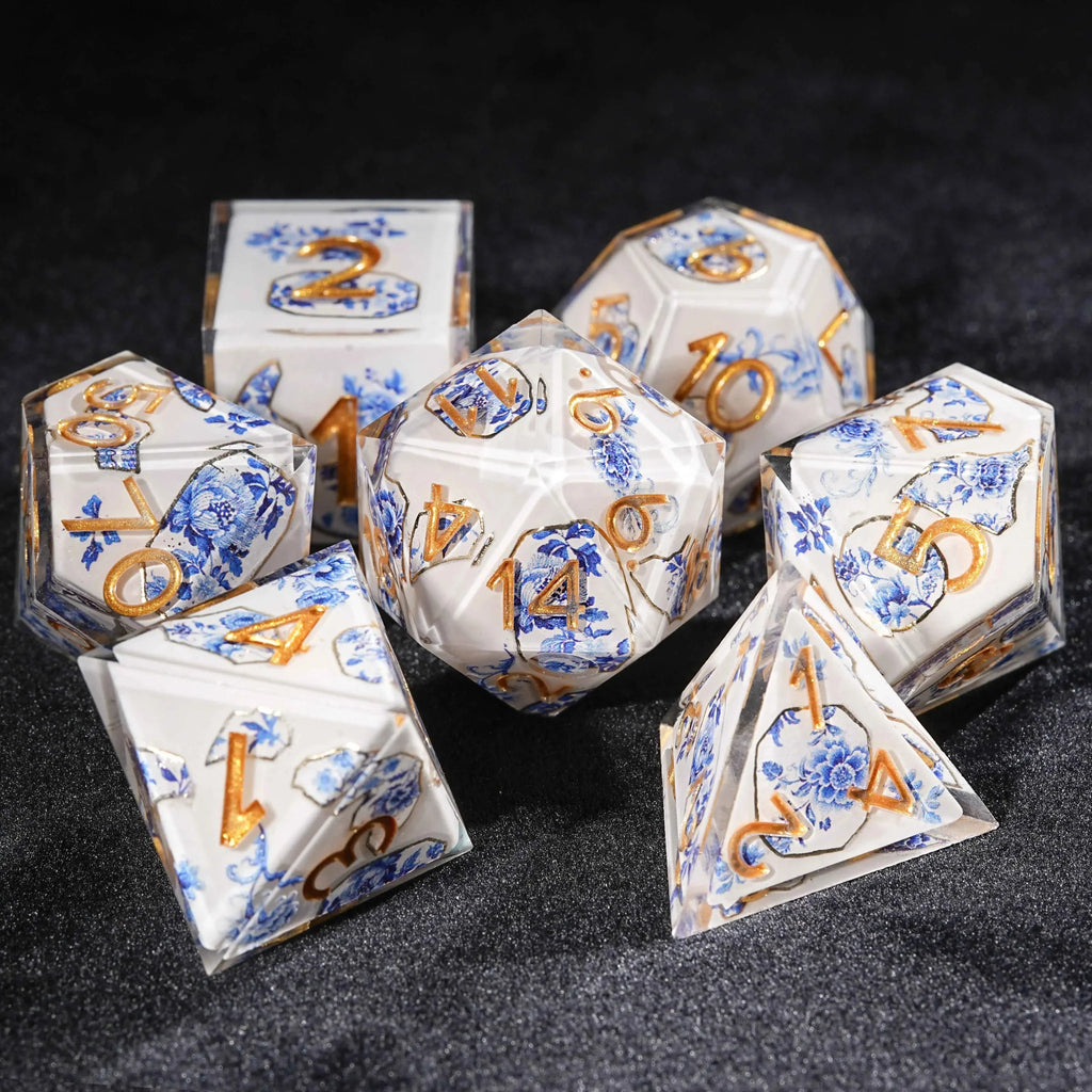 Oriental Country Resin RPG Dice Set – Transparent resin Oriental Blue and White Porcelain DND dice set, featuring a