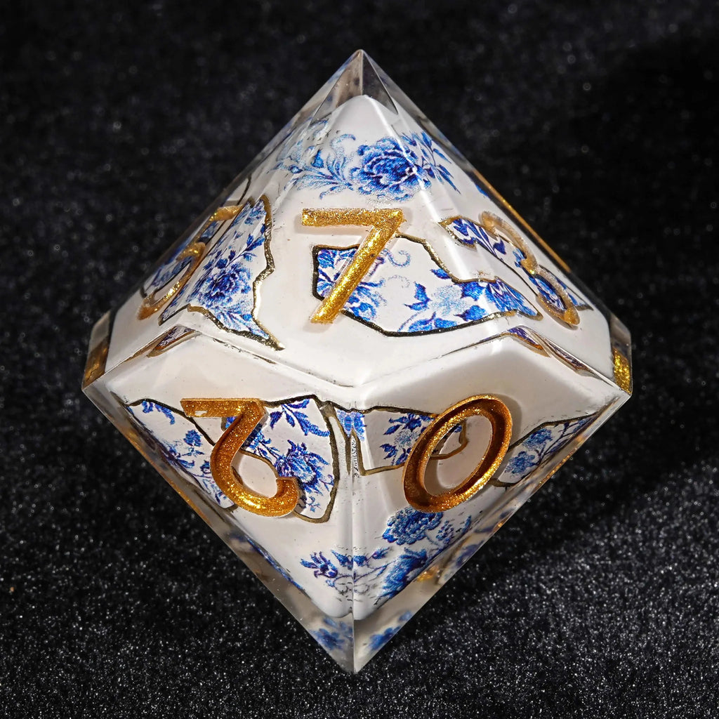 Oriental Country Resin RPG Dice Set – Transparent resin Oriental Blue and White Porcelain DND D10 dice, featuring a