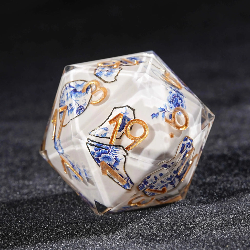 Oriental Country Resin RPG Dice Set – Transparent resin Oriental Blue and White Porcelain DND D20 dice, featuring a