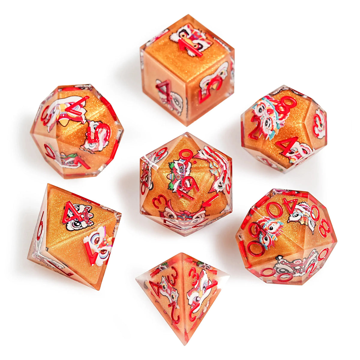 Oriental Orange Resin DND Dice Set – Oriental Style - Orange Glitter Resin Lion Dance DND Dice Set with Red Numbers