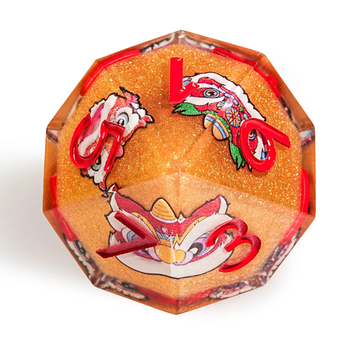 Oriental Orange Resin DND Dice Set – Oriental Style - Orange Glitter Resin Lion Dance DND D10 Dice with Red Numbers