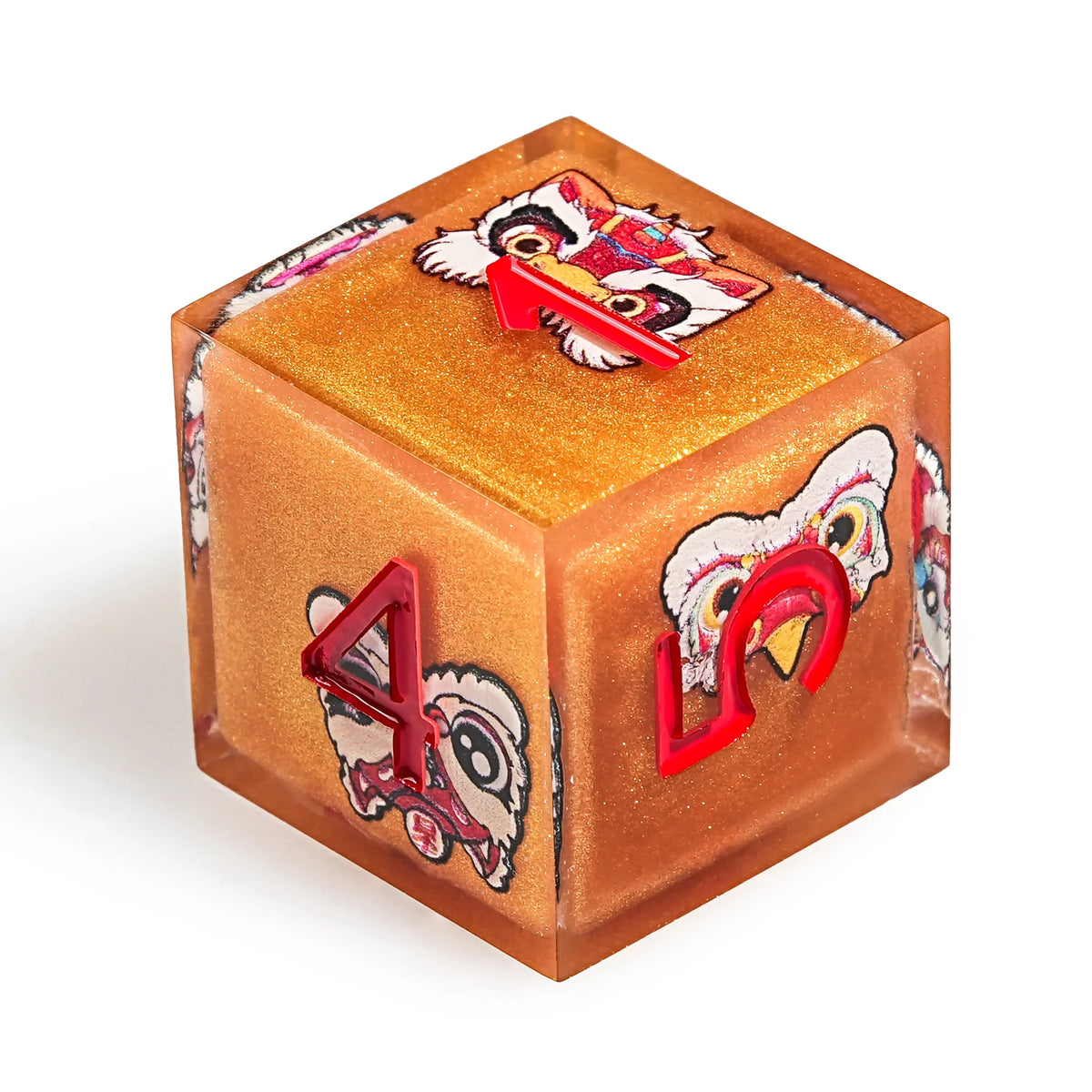 Oriental Orange Resin DND Dice Set – Oriental Style - Orange Glitter Resin Lion Dance DND D6 Dice with Red Numbers