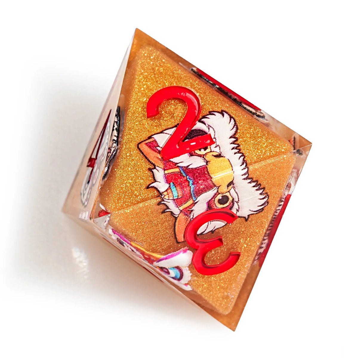 Oriental Orange Resin DND Dice Set – Oriental Style - Orange Glitter Resin Lion Dance DND D8 Dice with Red Numbers