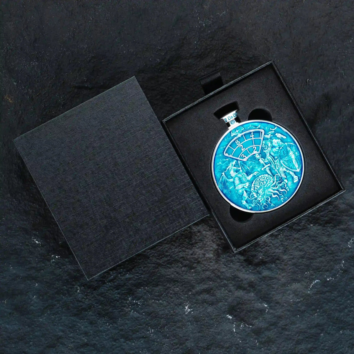 Pocket Watch Metal Spinner Dice Set – Unique 7-in-1 blue DND spinning dice pocket watch with a black foam-lined dice