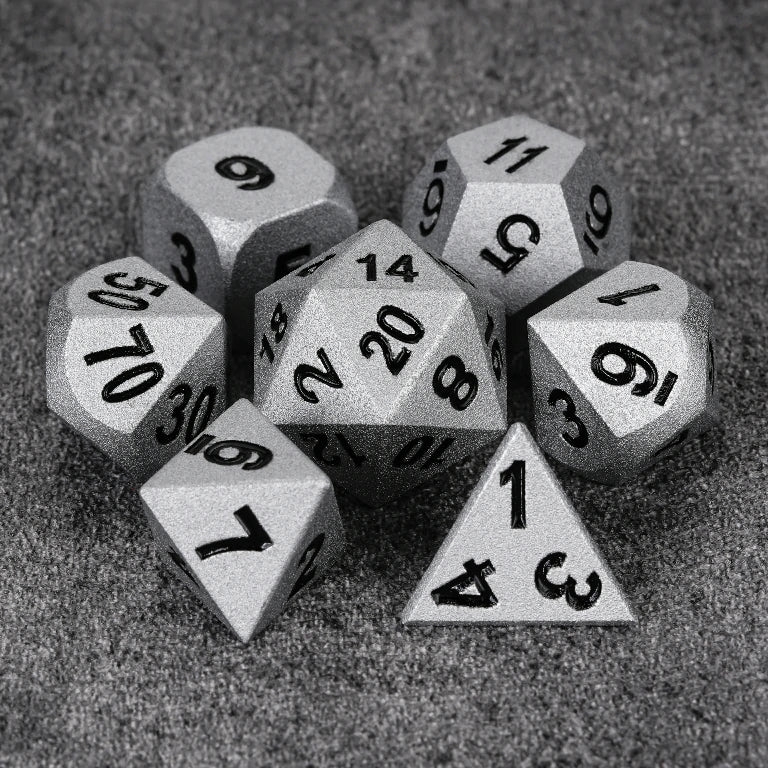 Paladin Metal DND Dice Set – Paladin Bright Silver Metal D&D Dice Set with Black Numerals