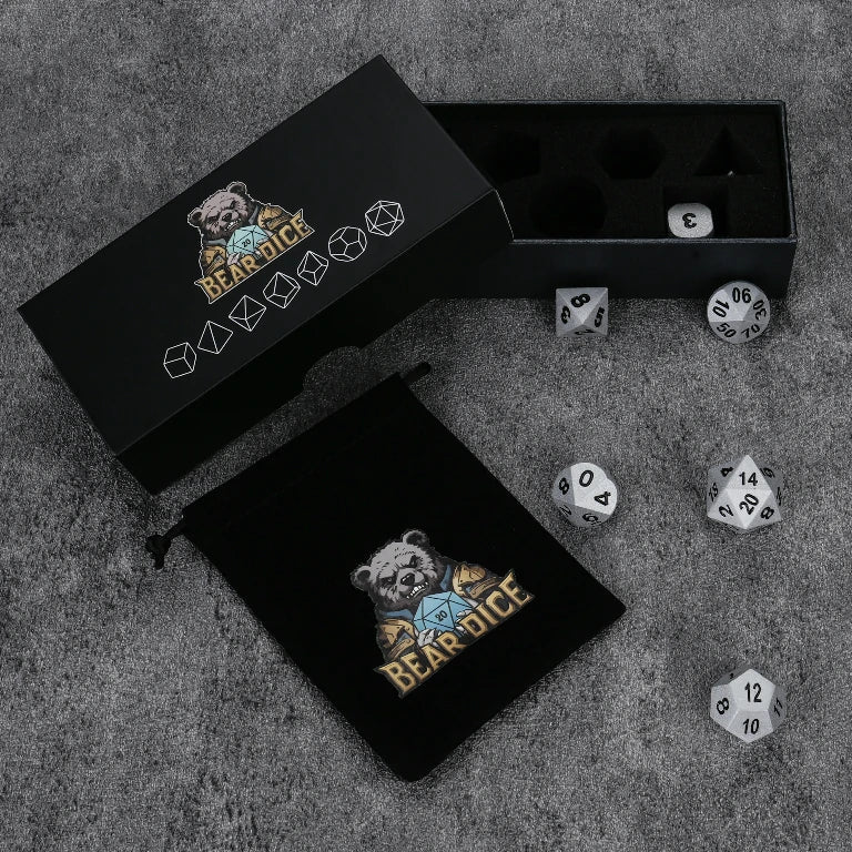 Paladin Metal DND Dice Set – Paladin Bright Silver Metal D&D Dice Set with Black Numerals— Housed in a Foam-Lined Dice