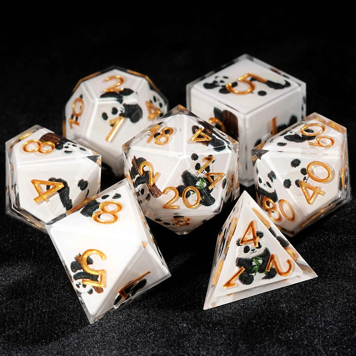 Panda Man Resin DND Dice Set – Gold Numbers – Panda Martial Monk - White Resin dnd Dice Set + Gold Font