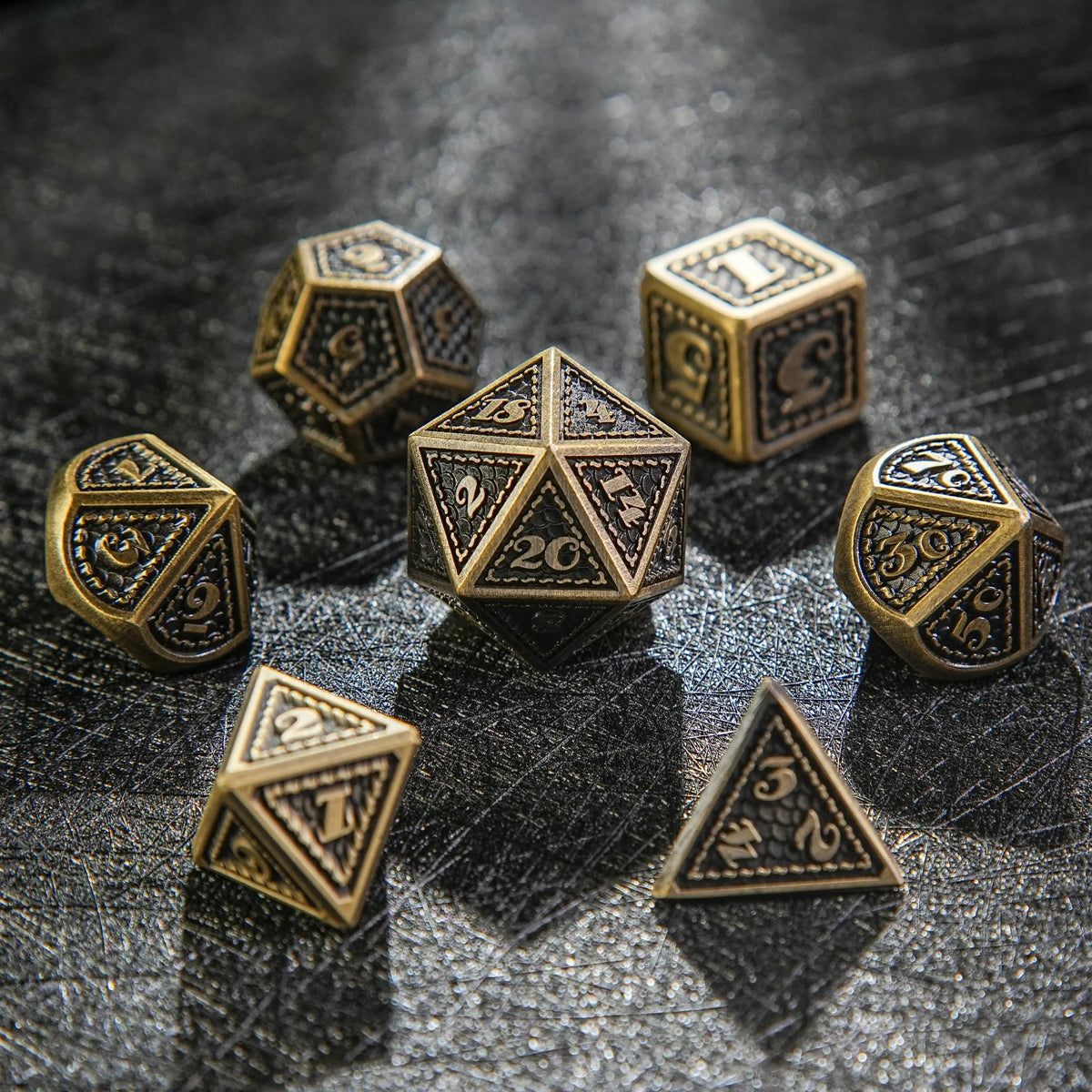 Pharaoh Metal DND Dice Set – Ancient Bronze Dragon Scale Metal DND Dice Set