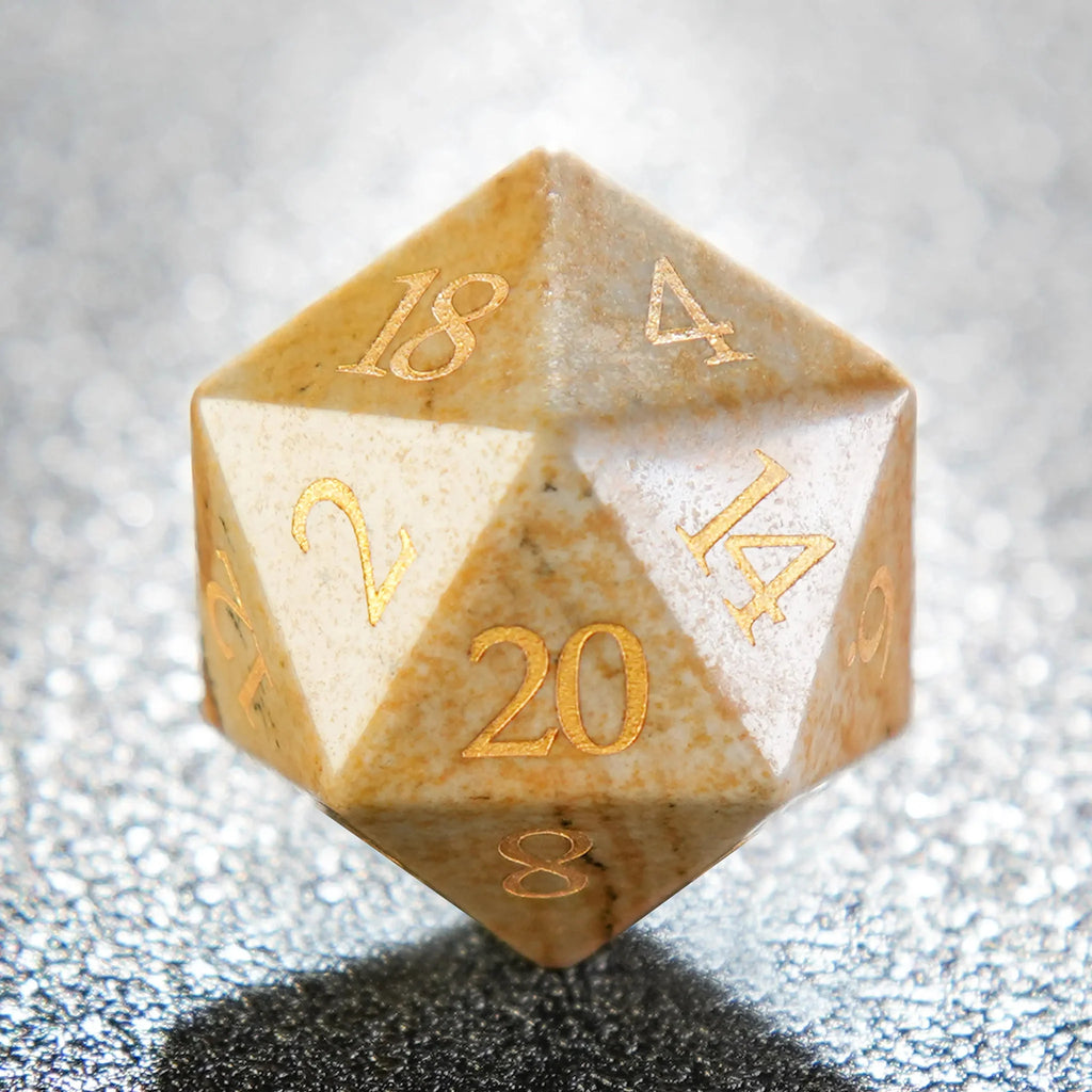 Picture Digital Natural Stone DND Dice Set – Muddy yellow rock texture DND natural stone D20 dice with gold numbers