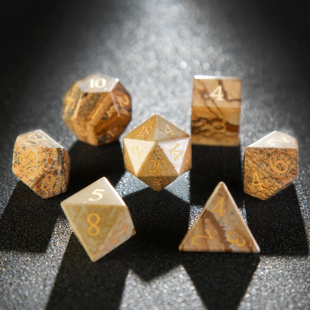 Picture Digital Natural Stone DND Dice Set – Muddy yellow rock texture DND natural stone dice set with gold numbers