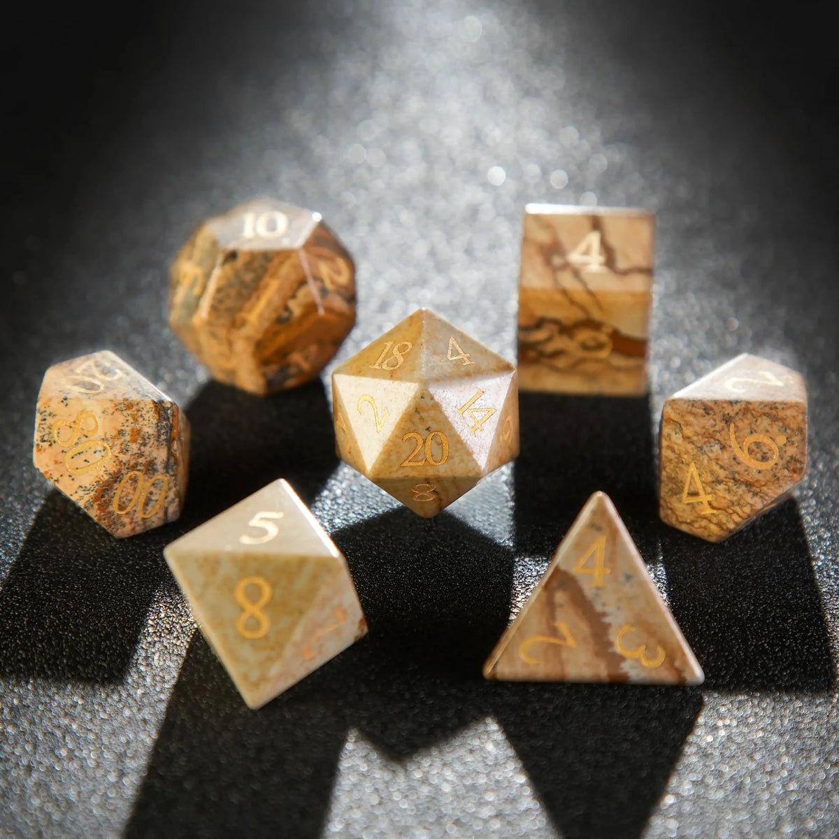 Picture Digital Natural Stone DND Dice Set – Muddy yellow rock texture DND natural stone dice set with gold numbers