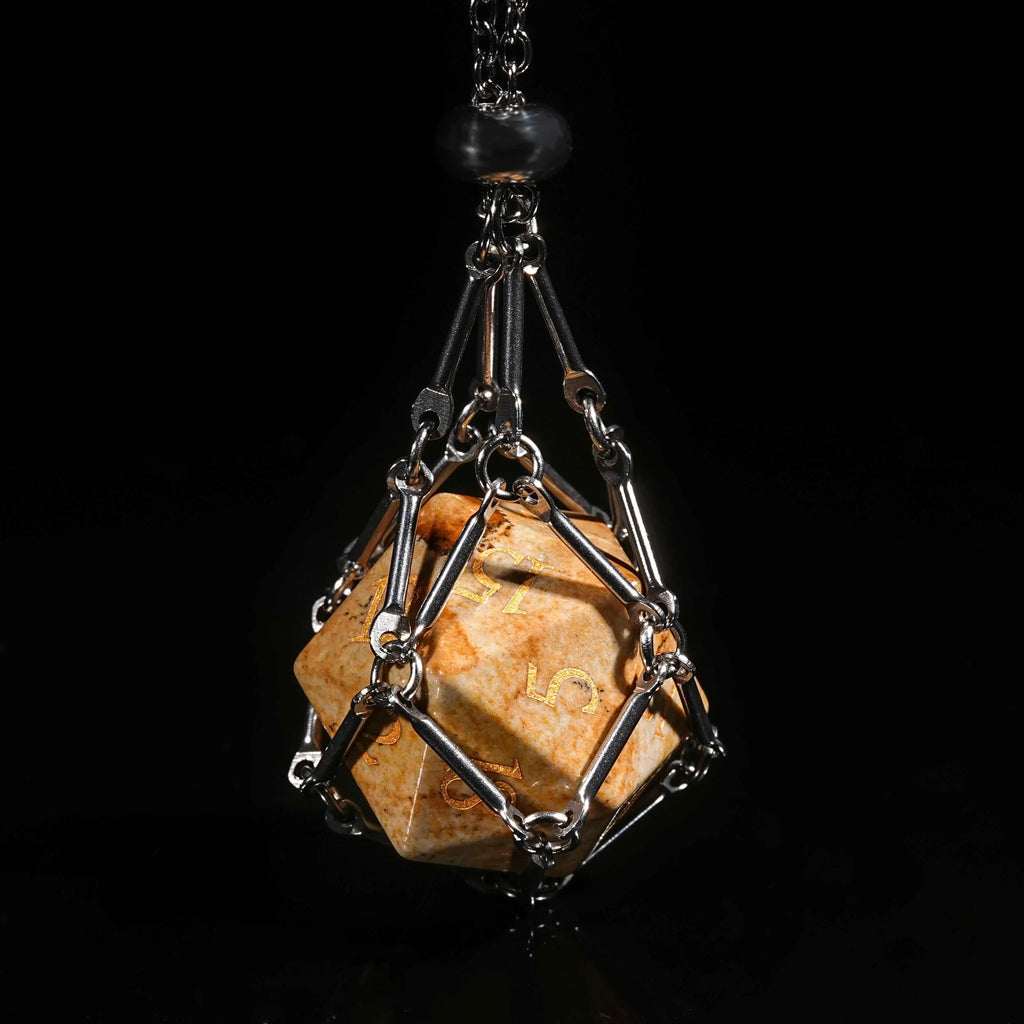 Picture Digital Natural Stone DND Dice Set – A silver dice necklace contains a muddy yellow rock textured DND natural