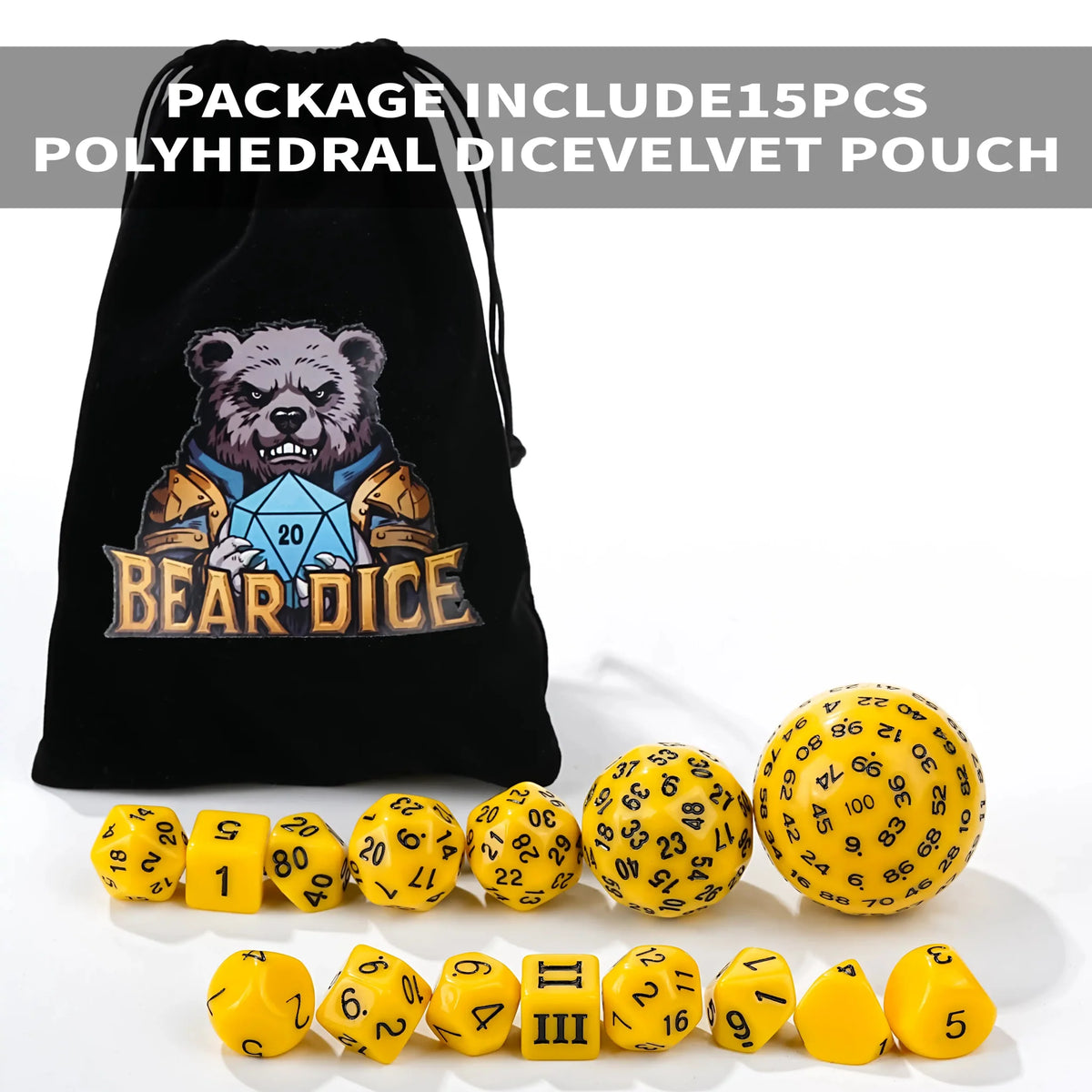 Piece Polyhedron Acrylic D100 Dice Set – D100 - 15pcs Yellow Acrylic Polyhedron Dice Set